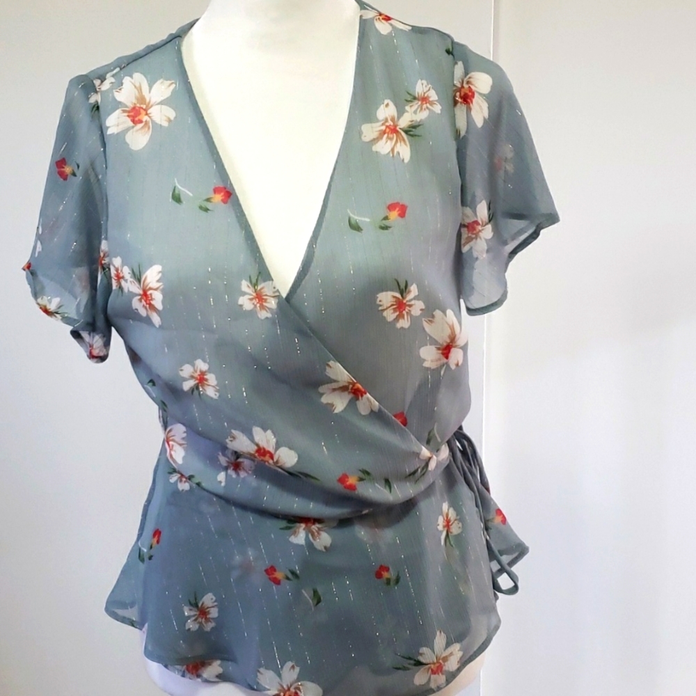 Lulu’s Blue Floral Wrap Blouse